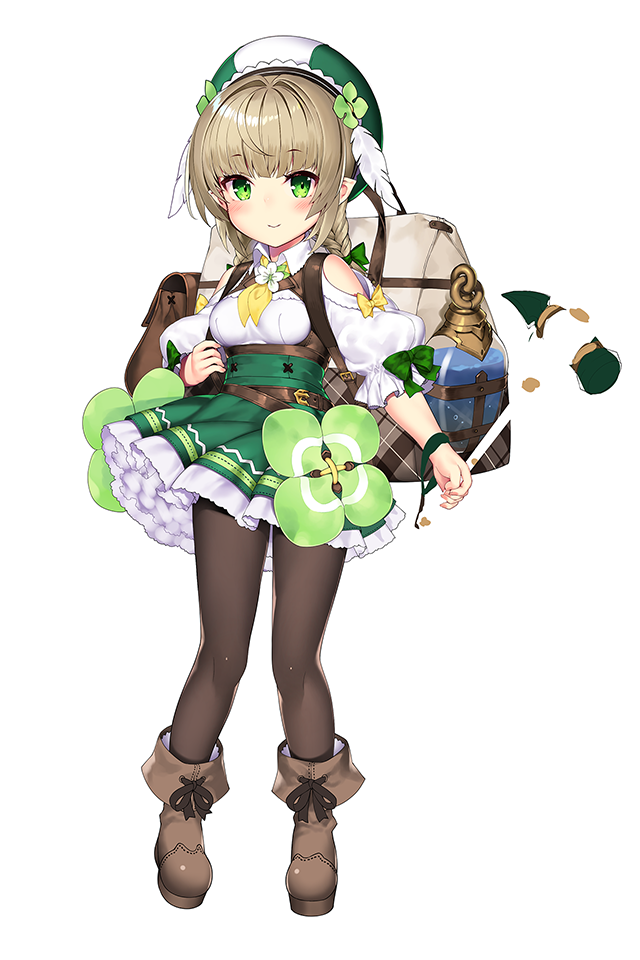 1girl ankle_boots backpack bag bangs bare_shoulders black_legwear blush boots bottle braid breasts brown_footwear brown_hair closed_mouth collared_shirt copyright_request eyebrows_visible_through_hair feathers flower framed_breasts full_body green_eyes green_skirt hat high-waist_skirt kuro_chairo_no_neko liquid long_hair looking_at_viewer medium_breasts midriff pantyhose petticoat pleated_skirt pointy_ears shirt shoulder_cutout sidelocks simple_background sketch skirt sleeves_past_elbows smile solo standing white_background white_shirt