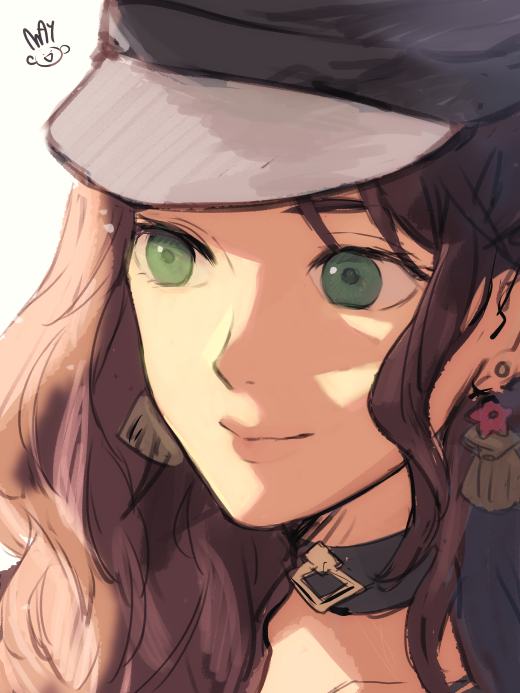 1girl black_headwear brown_hair choker dorothea_arnault earrings fire_emblem fire_emblem:_three_houses green_eyes hat jewelry lips long_hair mayo_(becky2006) portrait signature simple_background smile solo sunlight white_background