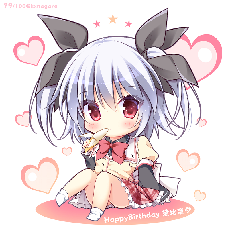 1girl banana bangs beige_jacket black_ribbon black_shirt blush bow bowtie character_name chibi closed_mouth collared_shirt commentary_request eyebrows_visible_through_hair food frilled_skirt frills fruit full_body gaku_ou hair_between_eyes hair_ribbon happy_birthday heart holding holding_food holding_fruit knees_up long_hair long_sleeves mayuzumi_hinayu no_shoes plaid plaid_skirt pleated_skirt puffy_short_sleeves puffy_sleeves red_eyes red_neckwear red_skirt ribbon ryuuka_sane shirt short_over_long_sleeves short_sleeves silver_hair sitting skirt sleeves_past_wrists socks solo star twitter_username two_side_up white_background white_legwear wide_sleeves