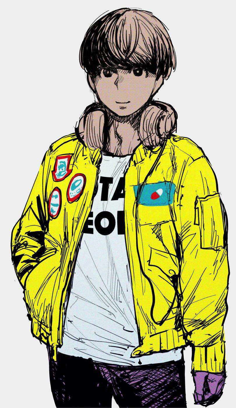 1boy grey_background hand_in_pocket headphones highres jacket looking_at_viewer short_hair simple_background sketch smile solo synecdoche yellow_jacket