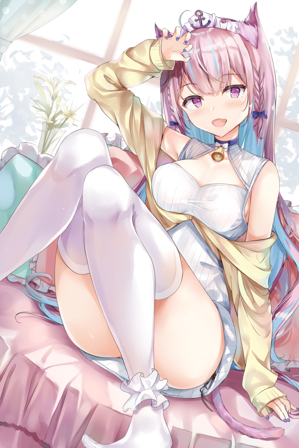 1girl :d ahoge animal_ear_fluff animal_ears arm_up ass bare_shoulders bell blue_hair bow braid breasts cat_ears choker curtains dress fang flower hair_bow headdress highres hololive jacket kemonomimi_mode knees_up large_breasts leg_garter lily_(flower) long_hair looking_at_viewer minato_aqua multicolored_hair nail_polish no_shoes off_shoulder open_clothes open_jacket open_mouth pillow purple_hair ribbed_sweater sitting sleeveless sleeveless_sweater smile solo streaked_hair sunoril sweater sweater_dress thigh-highs twin_braids two-tone_hair very_long_hair violet_eyes virtual_youtuber white_flower white_legwear white_sweater window yellow_jacket