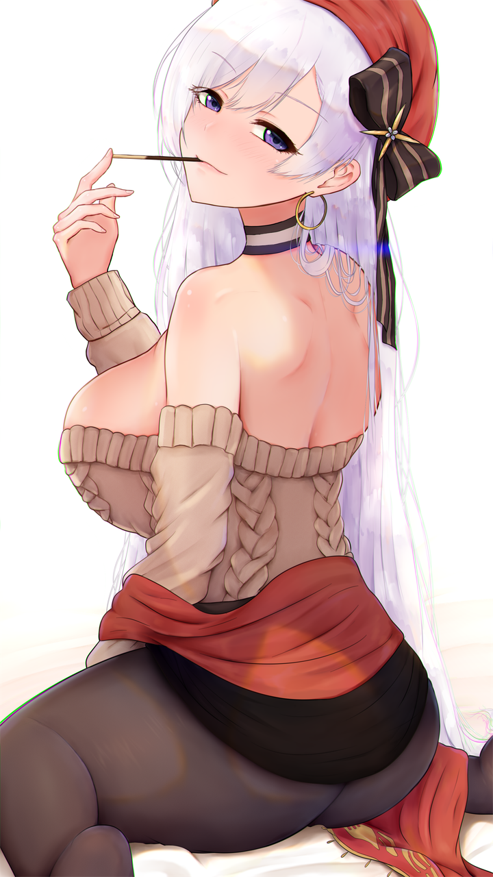 1girl aran_sweater ass azur_lane belfast_(azur_lane) belfast_(shopping_with_the_head_maid)_(azur_lane) beret black_legwear blush breasts brown_sweater choker earrings food hat highres hoop_earrings jewelry kitsune-neko large_breasts long_hair looking_at_viewer mouth_hold off-shoulder_sweater off_shoulder pantyhose pocky shawl silver_hair sitting skirt smile solo sweater thighs violet_eyes wariza