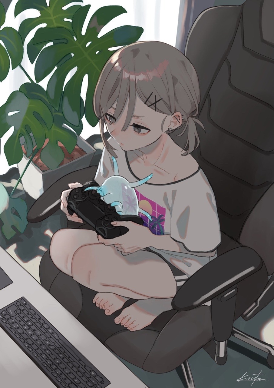 1girl 80s barefoot chair controller day desk ear_piercing earrings from_above hair_ornament hairclip highres holding_controller indoors jewelry keyboard_(computer) kirudai knees leaf looking_ahead monstera_deliciosa office_chair oldschool on_chair original piercing plant playstation_controller ponytail potted_plant shirt short_ponytail shorts signature slime solo squatting t-shirt toes wireless