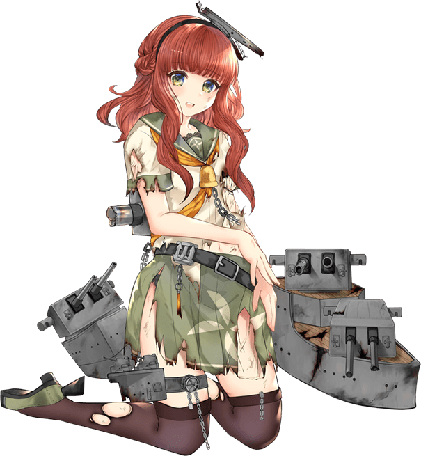 artist_request braid chain curly_hair de_ruyter_(kantai_collection) dress green_dress hairband headgear kantai_collection machinery official_art redhead school_uniform serafuku thigh-highs torn_clothes turret yellow_eyes