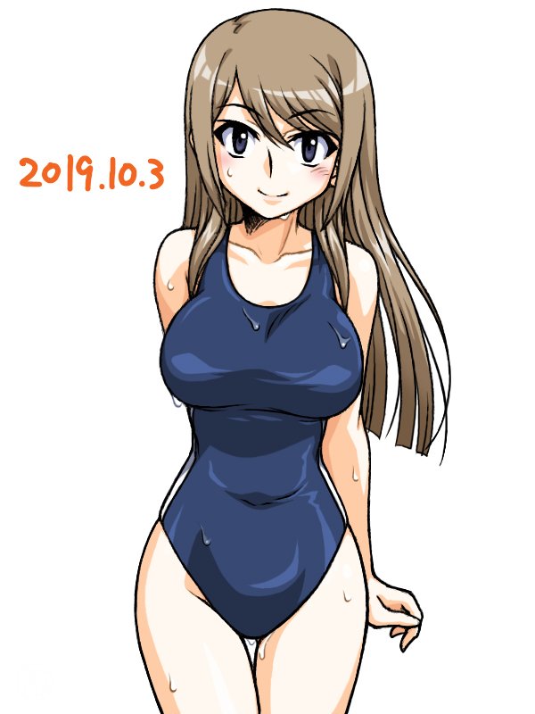 1girl arm_behind_back bangs blue_swimsuit blunt_ends breasts brown_eyes brown_hair closed_mouth commentary_request covered_navel cowboy_shot dated eyebrows_visible_through_hair girls_und_panzer large_breasts light_blush long_hair looking_at_viewer mika_(girls_und_panzer) no_hat no_headwear one-piece_swimsuit oosaka_kanagawa school_swimsuit smile solo standing swept_bangs swimsuit thigh_gap wet