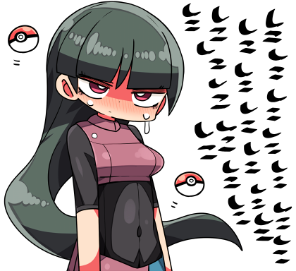 1girl bangs blush breasts closed_mouth covered_navel green_hair gym_leader head_tilt kanikama long_hair looking_at_viewer lowres natsume_(pokemon) nose_blush poke_ball poke_ball_(generic) pokemon pokemon_(game) pokemon_lgpe red_eyes simple_background small_breasts solo sweat translated upper_body very_long_hair white_background