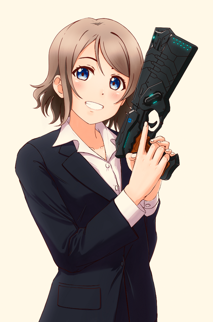 1girl ascii_media_works blue_eyes bushiroad cosplay dominator_(gun) formal grey_hair gun handgun love_live! love_live!_sunshine!! pant_suit pistol psycho-pass smile solo suit sunrise_(studio) tagme trigger_discipline vld watanabe_you weapon