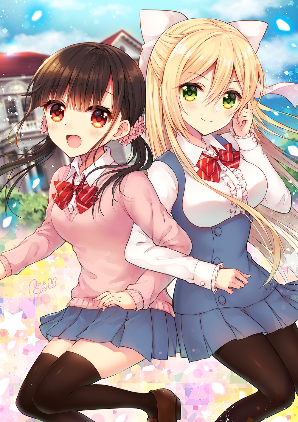 &gt;:) 2girls :d artist_name bangs black_hair blonde_hair blue_dress blue_sky blurry blurry_background blush bow breasts brown_eyes brown_footwear brown_legwear center_frills closed_mouth clouds cloudy_sky collared_shirt day depth_of_field diagonal_stripes dress dress_shirt eyebrows_visible_through_hair flower frilled_sleeves frills green_eyes hair_between_eyes hair_bow hair_flower hair_ornament highres loafers long_hair long_sleeves low_twintails medium_breasts multiple_girls open_mouth original outdoors pantyhose pink_flower pink_sweater pleated_dress red_bow sato_ame school_uniform shirt shoes sidelocks signature sky sleeveless sleeveless_dress sleeves_past_wrists smile star striped striped_bow sweater textless thigh-highs twintails very_long_hair white_bow white_shirt