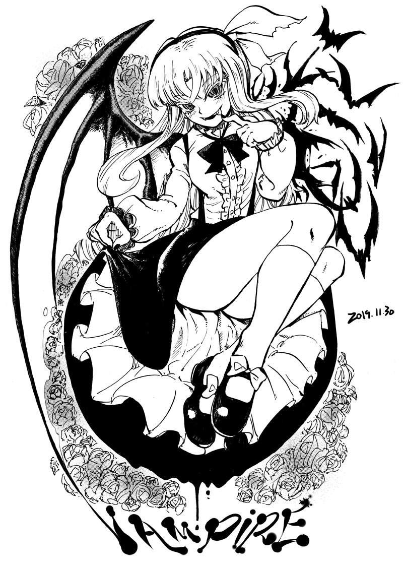 1girl bat_wings black_footwear blackcat_(pixiv) bow dated dress english_text eyebrows_visible_through_hair fangs flower frilled frills greyscale hair_bow kurumi_(touhou) long_hair looking_at_viewer monochrome puffy_sleeves ribbon rose shoes skirt smile socks solo touhou touhou_(pc-98) vest wings