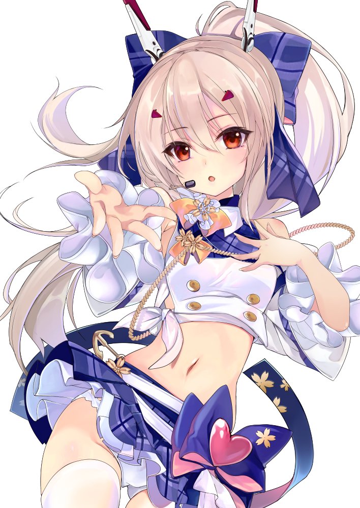 1girl ayanami_(azur_lane) ayanami_(troubled_star_idol)_(azur_lane) azur_lane bangs bare_shoulders blue_skirt blush bow breasts contrapposto cowboy_shot crop_top detached_sleeves eyebrows_visible_through_hair hair_between_eyes hair_bow hair_ornament headgear headset long_hair looking_at_viewer midriff music navel outstretched_arm panties plaid plaid_skirt pleated_skirt ponytail red_eyes shirokitsune shirt simple_background singing skirt small_breasts thigh-highs underwear white_background white_legwear white_panties