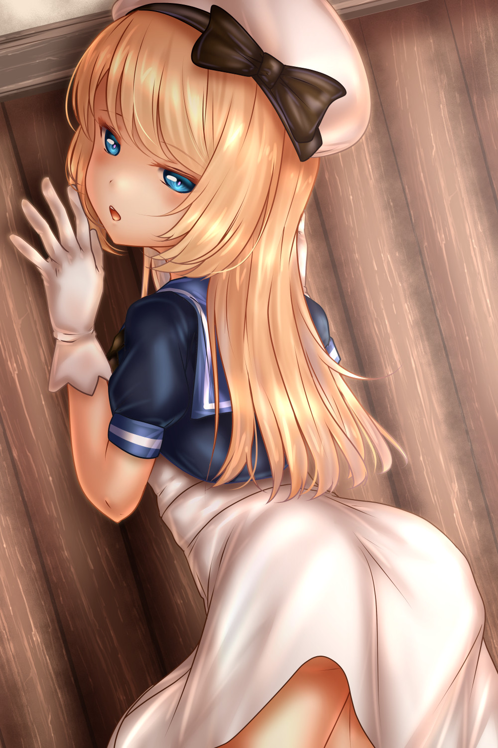 1girl ass blonde_hair blue_eyes blue_sailor_collar blush dress eyebrows_visible_through_hair gloves hat highres jervis_(kantai_collection) kantai_collection long_hair looking_at_viewer looking_back open_mouth sailor_collar sailor_dress sailor_hat short_sleeves shounen_(hogehoge) solo white_dress white_gloves white_headwear