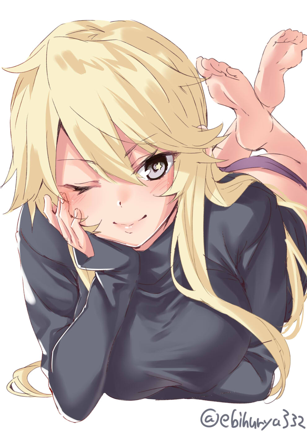1girl alternate_costume ass bare_legs barefoot black_shirt blonde_hair blue_eyes breasts ebifurya elbow_rest hair_between_eyes hair_over_shoulder highres iowa_(kantai_collection) kantai_collection large_breasts lips long_sleeves looking_at_viewer lying messy_hair on_stomach one_eye_closed panties pink_panties shirt soles solo star star-shaped_pupils symbol-shaped_pupils turtleneck twitter_username underwear