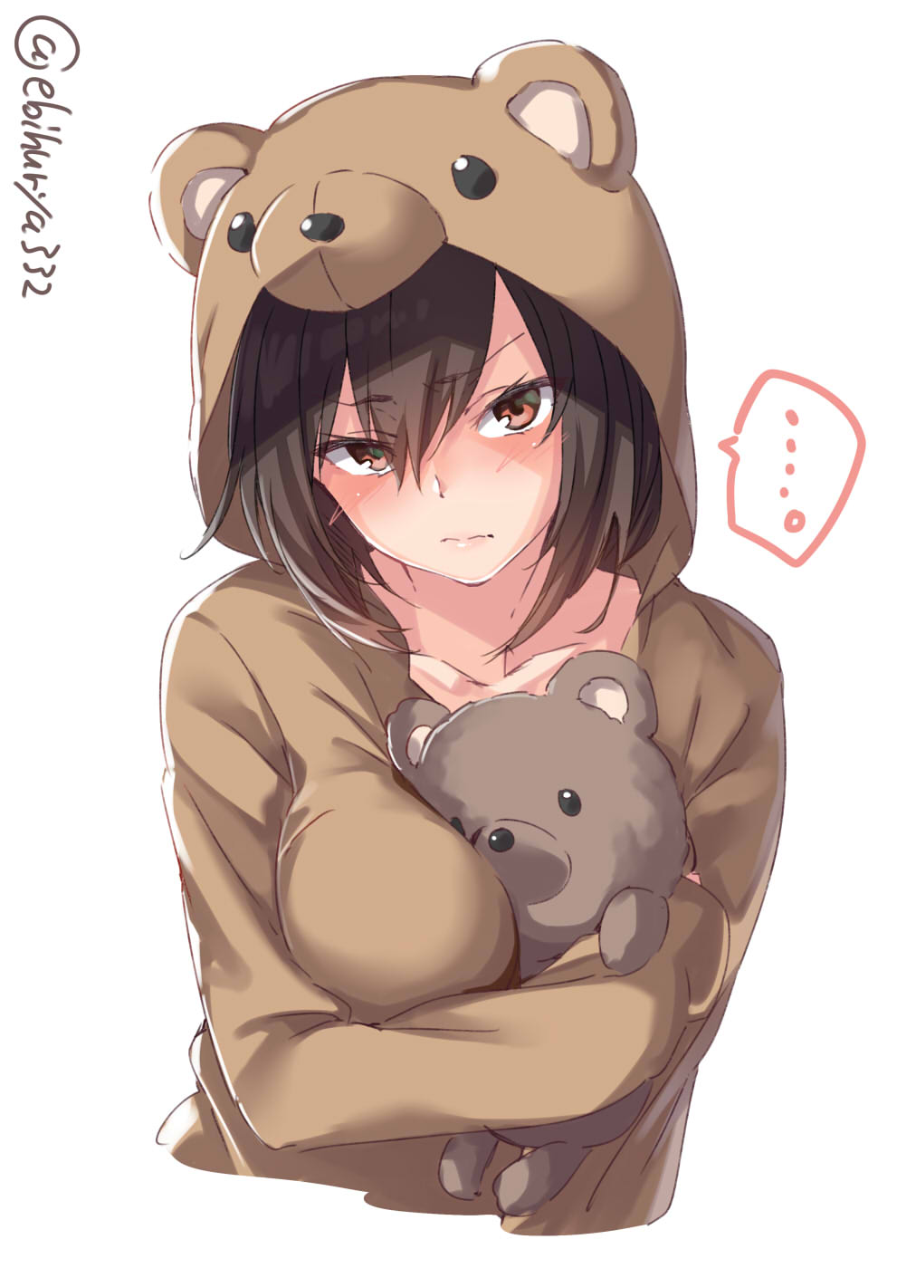 ... 1girl alternate_costume animal_costume animal_ears bear_costume bear_ears black_hair blush breasts brown_eyes brown_hair closed_mouth collarbone cropped_torso ebifurya hair_between_eyes head_tilt highres kantai_collection large_breasts lips long_hair looking_at_viewer nagato_(kantai_collection) object_hug pink_lips solo spoken_ellipsis stuffed_animal stuffed_toy teddy_bear upper_body white_background