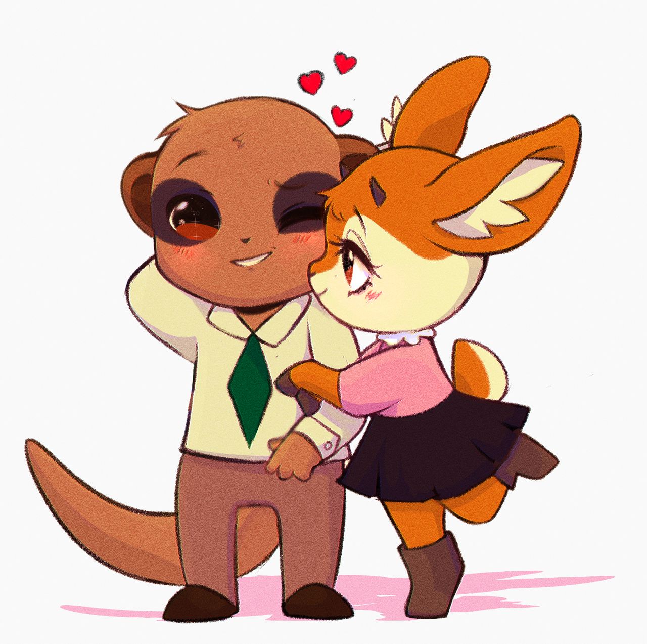 1boy 1girl aggressive_retsuko animal_ears blush boots brown_eyes brown_hair cherrylenn chibi couple furry heart highres komiya_(aggretsuko) necktie paws shirt simple_background skirt smile tail tsunoda_(aggretsuko)