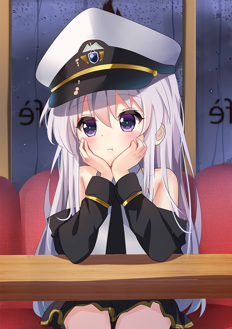 1girl :t agung_syaeful_anwar arm_support azur_lane bangs bare_shoulders black_jacket black_neckwear black_skirt blush closed_mouth collared_shirt commentary couch enterprise_(azur_lane) eyebrows_visible_through_hair hair_between_eyes hands_up hat head_in_hand jacket long_hair looking_away looking_to_the_side military_hat necktie off_shoulder on_couch open_clothes open_jacket peaked_cap pleated_skirt pout shirt silver_hair sitting skirt sleeveless sleeveless_shirt solo table very_long_hair violet_eyes white_headwear white_shirt younger