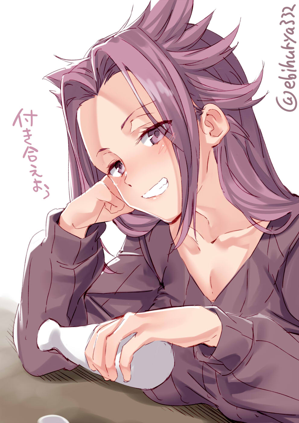 1girl alcohol alternate_costume blush breasts closed_mouth ebifurya eyebrows_visible_through_hair highres jun'you_(kantai_collection) kantai_collection large_breasts long_hair long_sleeves looking_at_viewer purple_hair purple_sweater simple_background smile spiky_hair sweater translated twitter_username violet_eyes white_background