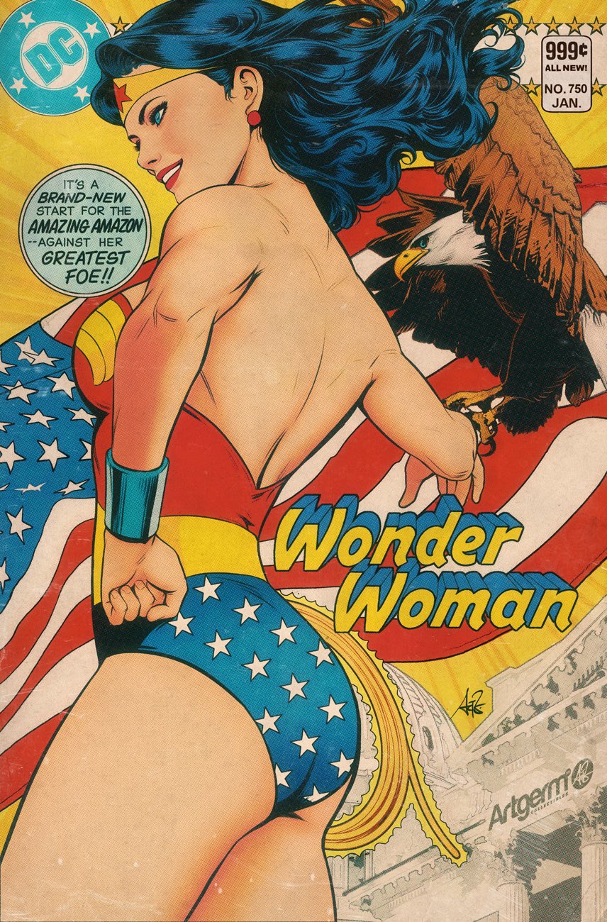 1girl 30s american_flag american_flag_print ass back backless_outfit bare_back bare_shoulders bird blue_eyes blue_sky bracer clenched_hand cover dc_comics dove eagle earrings english_text flag_print from_side hand_on_hip highres jewelry lasso lasso_of_truth leotard long_hair magazine_cover muscle muscular_female oldschool parody sky stanley_lau strapless strapless_leotard style_parody superhero thighs tiara wonder_woman wonder_woman_(series)