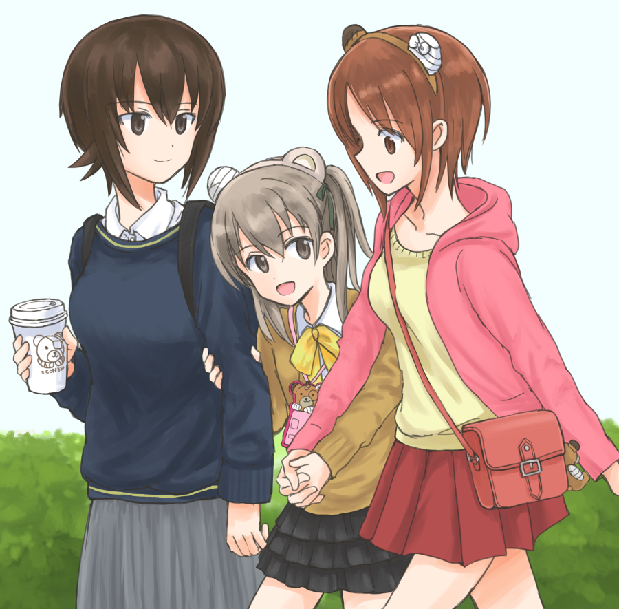 3girls animal_ears animal_print backpack bag bangs bear_ears bear_print black_sweater bow bowtie brown_eyes brown_hair brown_sweater carrying casual cellphone closed_mouth coffee_cup commentary cup disposable_cup dress_shirt eyebrows_visible_through_hair fake_animal_ears frilled_skirt frills girls_und_panzer grey_skirt handbag holding holding_cup holding_hands hood hoodie jewelry layered_skirt light_brown_eyes light_brown_hair long_hair long_sleeves looking_at_another looking_back medium_skirt miniskirt multiple_girls mutsu_(layergreen) necklace nishizumi_maho nishizumi_miho one_side_up open_mouth phone pink_shirt pleated_skirt red_skirt shimada_arisu shirt short_hair siblings sisters skirt smile standing sweater walking white_shirt yellow_neckwear yellow_shirt