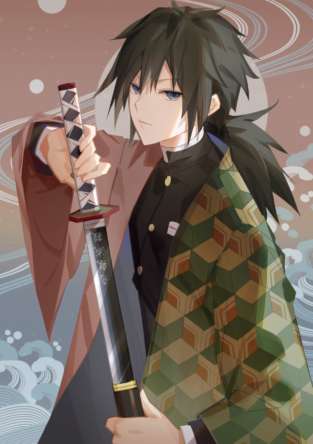 1boy black_hair black_jacket blue_eyes buttons closed_mouth collar collared_jacket haori holding holding_sword holding_weapon jacket japanese_clothes katana kimetsu_no_yaiba long_hair long_sleeves looking_at_viewer low_ponytail male_focus solo standing sword tomioka_giyuu uniform wanchong weapon wide_sleeves