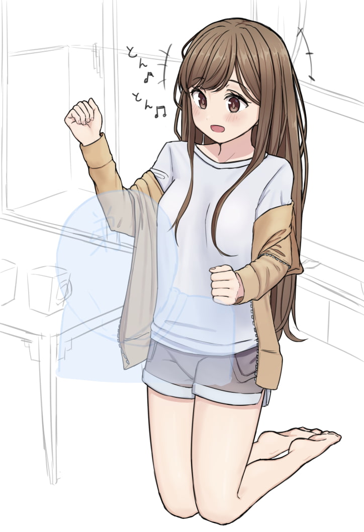 1girl :d barefoot blush breasts brown_hair brown_jacket clenched_hand faceless faceless_male indoors jacket kneeling long_hair massage music musical_note open_mouth shirt short_shorts shorts singing small_breasts smile villager_26n white_shirt