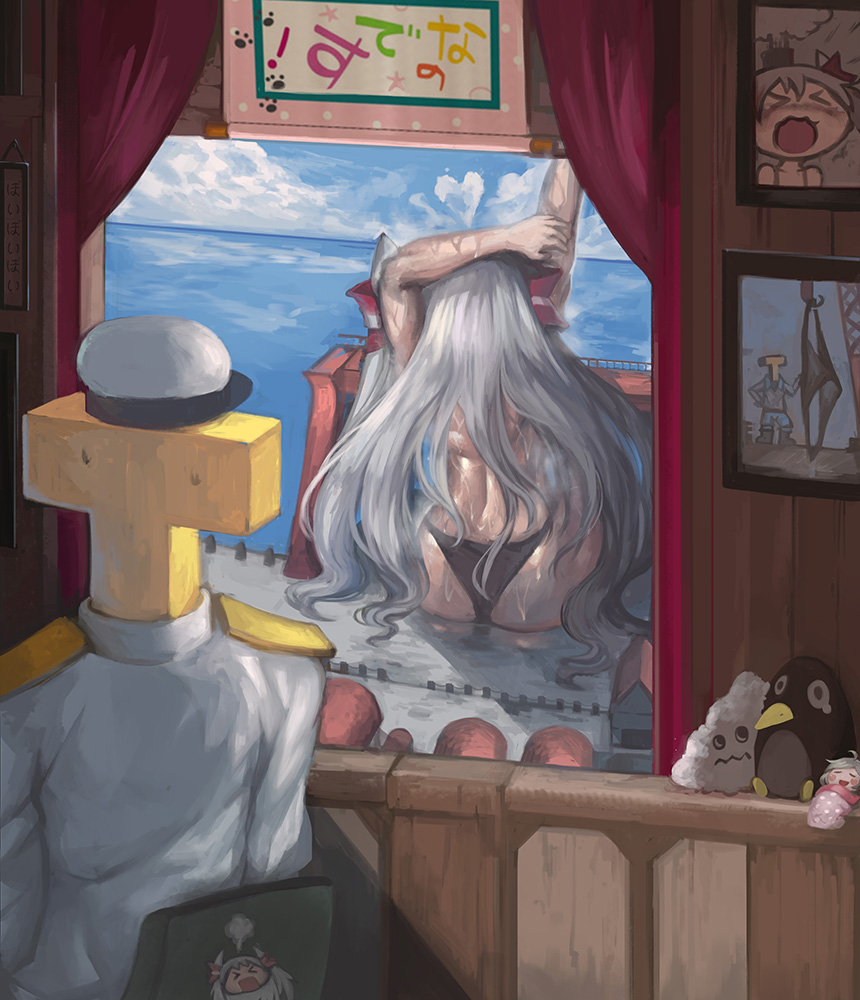 &gt;_&lt; 1boy 1girl amatsukaze_(kantai_collection) bikini chair clouds curtains day failure_penguin fairy_(kantai_collection) giantess hair_tubes hat heart kantai_collection long_hair miss_cloud ocean panties picture_frame silver_hair sitting sky stretch sweat swimsuit t-head_admiral two_side_up underwear uniform water wet window yilx