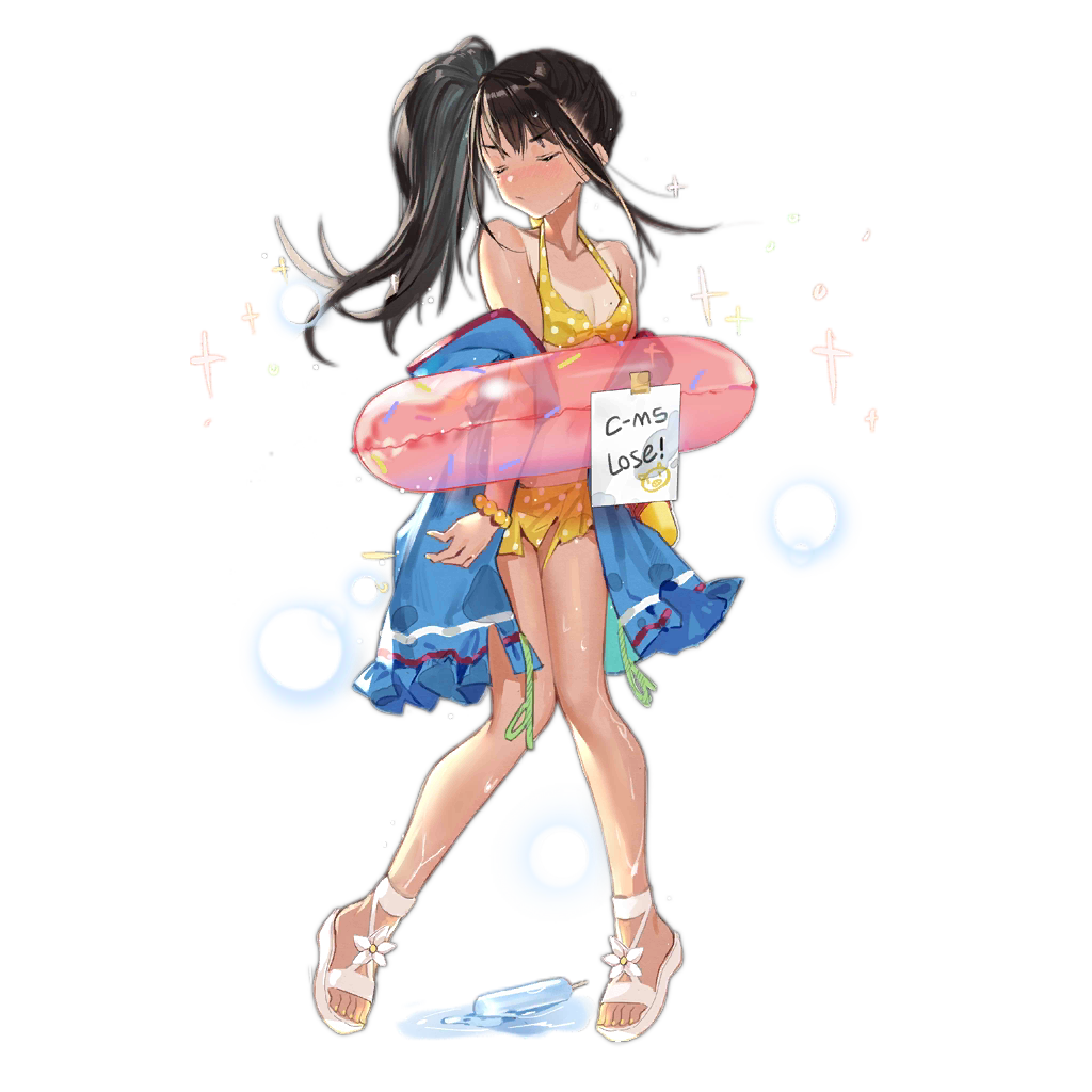 1girl black_hair c-ms_(girls_frontline) dark_skin food girls_frontline jacket jacket_over_swimsuit lifebuoy mole official_art popsicle pout sandals side_ponytail sleeveless sleeveless_jacket swimsuit tan tanline transparent_background xiao_chichi