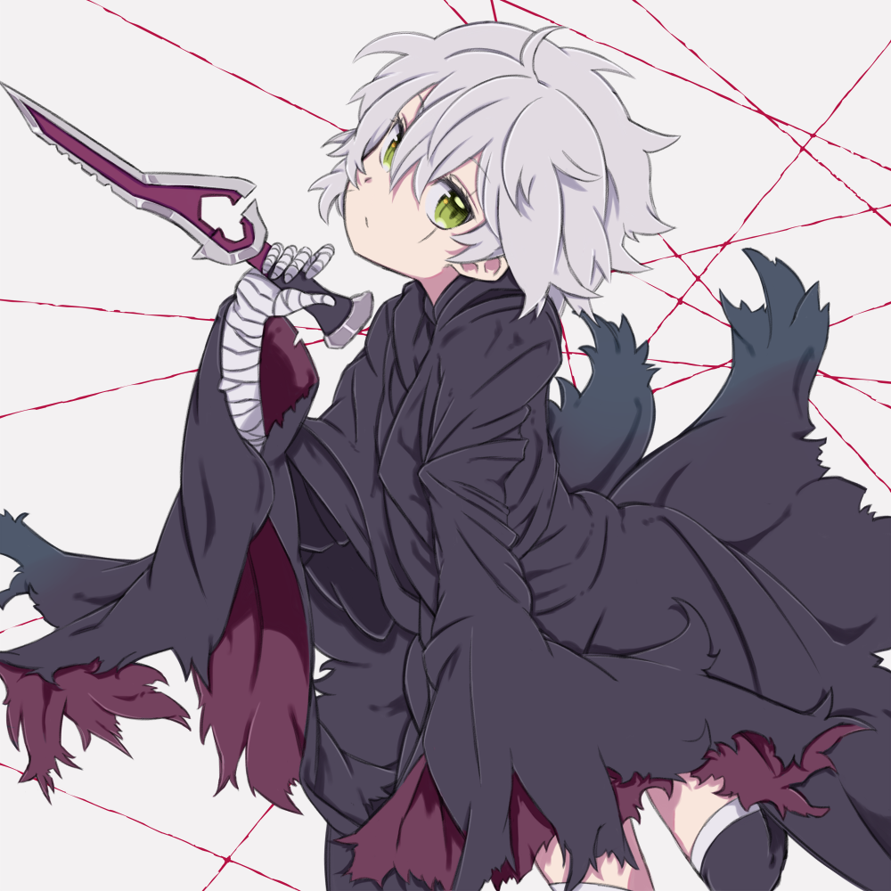 1girl an_apple_akaao bandaged_arm bandages black_legwear dagger facial_scar fate/apocrypha fate_(series) green_eyes grey_hair holding holding_dagger holding_weapon jack_the_ripper_(fate/apocrypha) looking_at_viewer scar scar_across_eye scar_on_cheek short_hair solo thigh-highs torn_clothes weapon