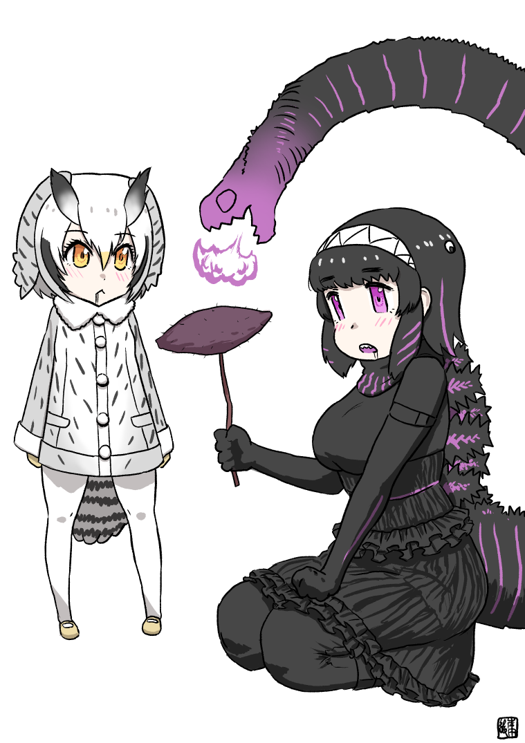 2girls :&lt; arms_at_sides artist_logo bird_tail black_hair blonde_hair closed_mouth coat crossover dress drooling elbow_gloves food frilled_dress frills full_body fur_collar gloves godzilla godzilla_(series) godzilla_(shin) grey_coat grey_hair hair_between_eyes hair_ornament hairband hand_up head_wings height_difference holding kemono_friends kishida_shiki medium_dress medium_hair multicolored_hair multiple_girls northern_white-faced_owl_(kemono_friends) open_mouth orange_eyes owl_ears pantyhose personification purple_hair ringed_eyes seiza shin_godzilla sidelocks simple_background sitting standing streaked_hair sweet_potato tail turtleneck two-tone_hair violet_eyes white_background white_hair yakiimo