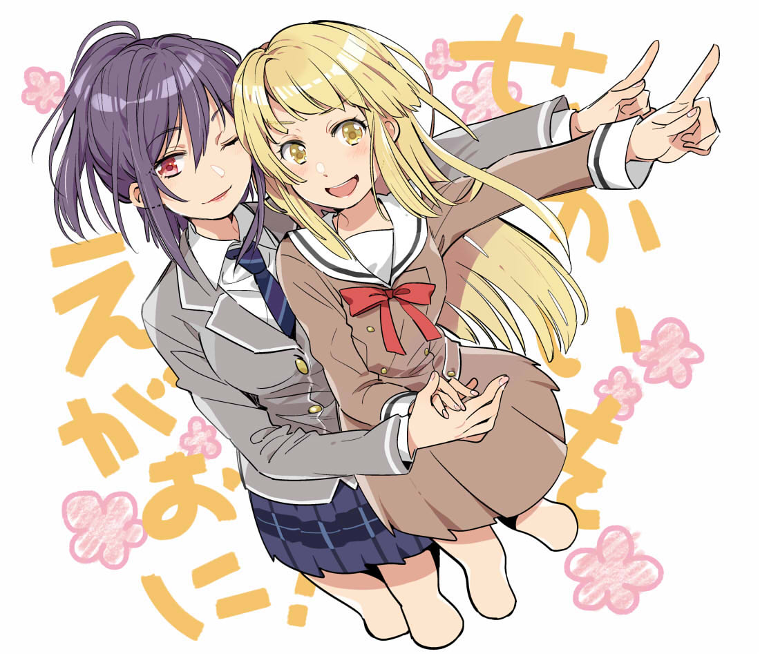 2girls :d ;) bang_dream! bangs blazer blonde_hair blue_neckwear blue_skirt brown_dress cropped_legs dress grey_jacket holding_hands jacket karuha long_hair long_sleeves looking_at_viewer multiple_girls neck_ribbon necktie one_eye_closed open_mouth plaid plaid_skirt pleated_dress pointing pointing_to_the_side ponytail purple_hair red_neckwear ribbon sailor_dress seta_kaoru sidelocks skirt smile striped striped_neckwear tsurumaki_kokoro