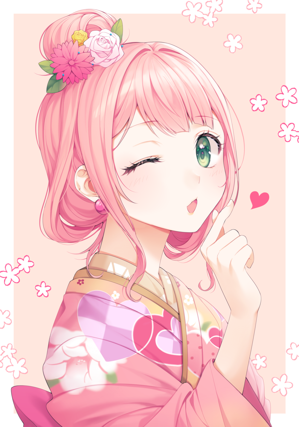 1girl alternate_hairstyle bang_dream! bangs commentary earrings flower green_eyes hair_bun hair_flower hair_ornament hair_up heart heart_print highres index_finger_raised japanese_clothes jewelry kimono looking_at_viewer minori_(faddy) one_eye_closed open_mouth pink_background pink_flower pink_kimono simple_background solo symbol_commentary uehara_himari upper_body yellow_flower