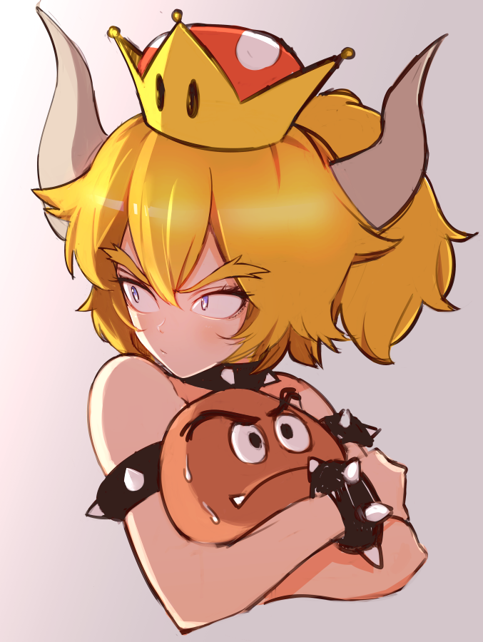1girl animal bangs black_choker blonde_hair blue_eyes bowsette bracelet choker closed_mouth collar cropped_torso eyebrows frown goomba gradient gradient_background grey_background holding holding_animal horns jewelry looking_back super_mario_bros. medium_hair mityubi new_super_mario_bros._u_deluxe short_ponytail solo spiked_armlet spiked_bracelet spiked_collar spikes super_crown sweat upper_body