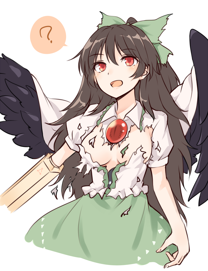 1girl ? arm_cannon bangs black_hair black_wings blush bow breasts cape commentary_request cowboy_shot eyebrows_visible_through_hair feathered_wings green_bow green_skirt hair_between_eyes hair_bow half_updo long_hair looking_at_viewer medium_breasts miyo_(ranthath) open_mouth puffy_short_sleeves puffy_sleeves red_eyes reiuji_utsuho shirt short_sleeves simple_background skirt solo spoken_question_mark torn_clothes torn_shirt touhou weapon white_background white_cape white_shirt wings