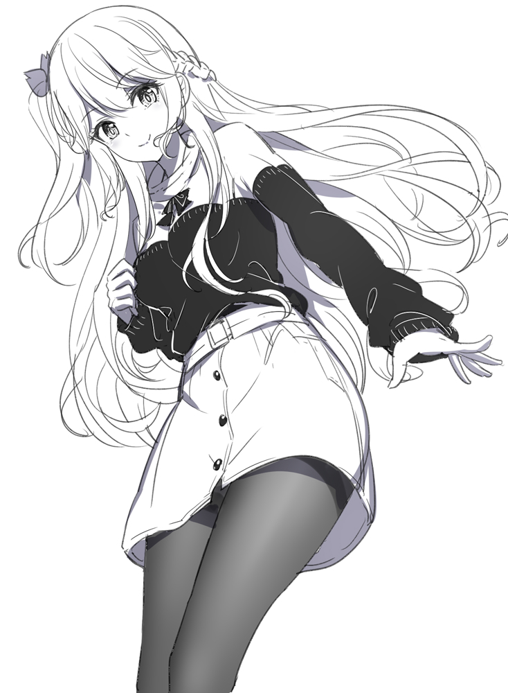 1girl bangs blush braid breasts closed_mouth commentary_request emily_stock eyebrows_visible_through_hair greyscale hair_between_eyes hair_ornament long_hair long_sleeves looking_at_viewer medium_breasts monochrome one_side_up original pantyhose puffy_long_sleeves puffy_sleeves ririko_(zhuoyandesailaer) shirt simple_background skirt sleeves_past_wrists smile solo thighband_pantyhose very_long_hair white_background
