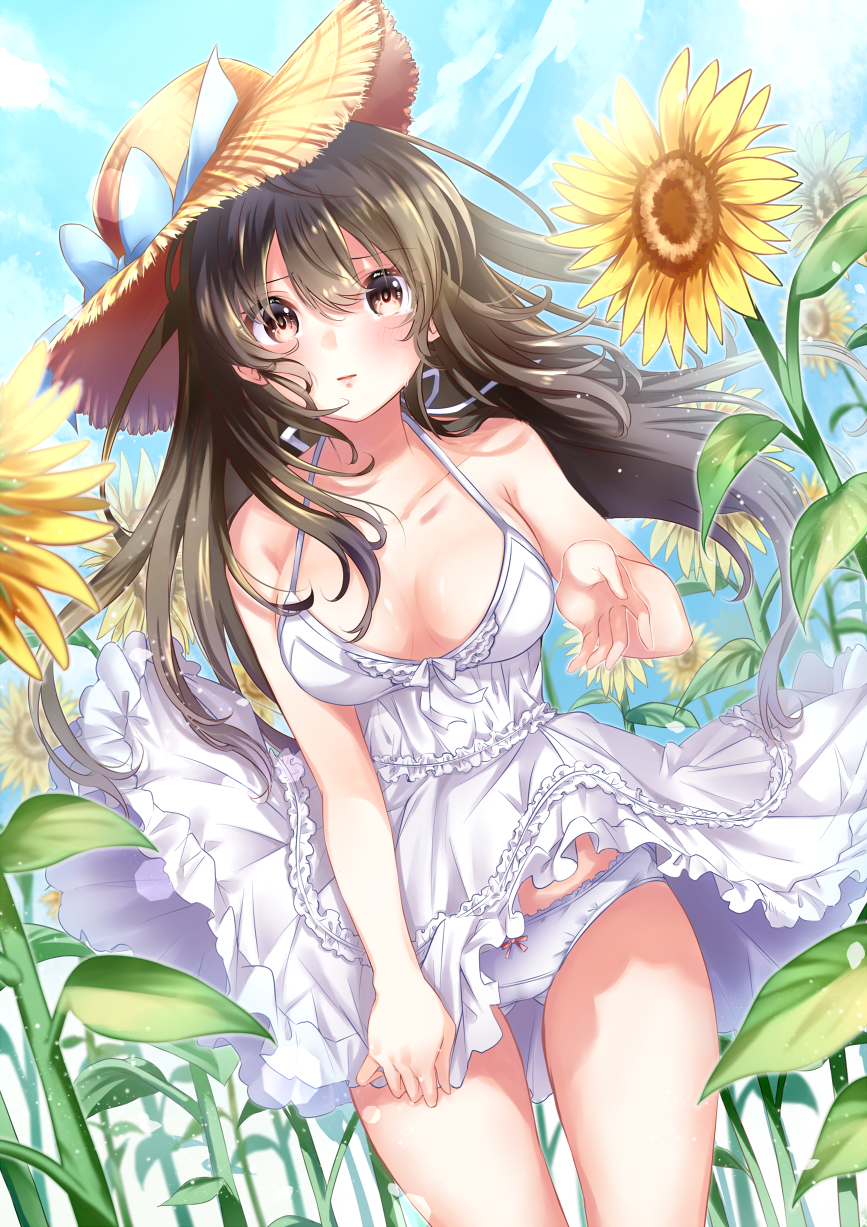 1girl bangs bare_shoulders blue_bow blue_sky blush bow bow_panties breasts breasts_apart brown_eyes brown_hair clouds collarbone commentary_request day dress dutch_angle eyebrows_visible_through_hair field flower flower_field frilled_dress frills hair_between_eyes halterneck hat hat_bow highres long_hair looking_at_viewer mashiro_aa medium_breasts original outdoors panties parted_lips revision sky sleeveless sleeveless_dress solo straw_hat sundress sunflower underwear very_long_hair white_dress white_panties yellow_flower