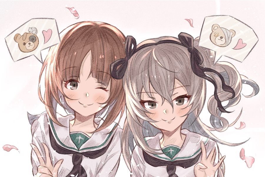 2girls ;) alternate_costume arutoria_(187497382) bangs black_neckwear black_ribbon blouse boko_(girls_und_panzer) brown_eyes brown_hair cherry_blossoms closed_mouth commentary eyebrows_visible_through_hair girls_und_panzer hair_ribbon heart light_blush light_brown_hair light_particles long_hair looking_at_viewer multiple_girls neckerchief nishizumi_miho one_eye_closed one_side_up ooarai_school_uniform ribbon school_uniform serafuku shimada_arisu short_hair side-by-side smile speech_bubble w waving white_blouse wind