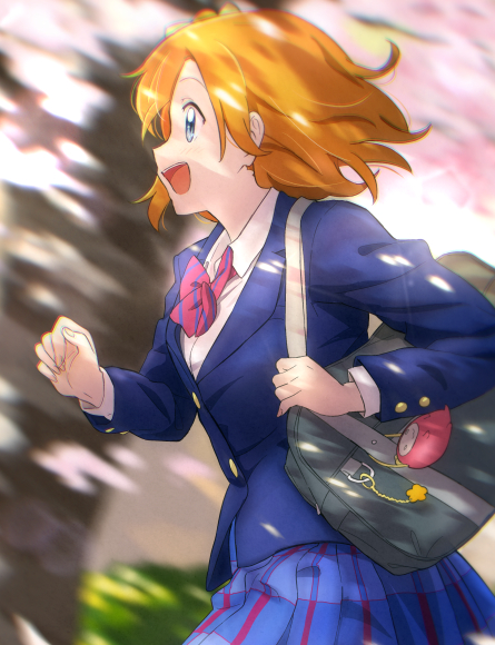 1girl :d bag bag_charm blazer blue_eyes blue_jacket blue_skirt bow bowtie charm_(object) clenched_hand collared_shirt commentary_request from_side holding_strap jacket kousaka_honoka long_sleeves love_live! love_live!_school_idol_project open_mouth orange_hair otonokizaka_school_uniform outdoors pleated_skirt red_neckwear running school_bag school_uniform shibasaki_shouji shirt short_hair skirt smile solo striped striped_neckwear