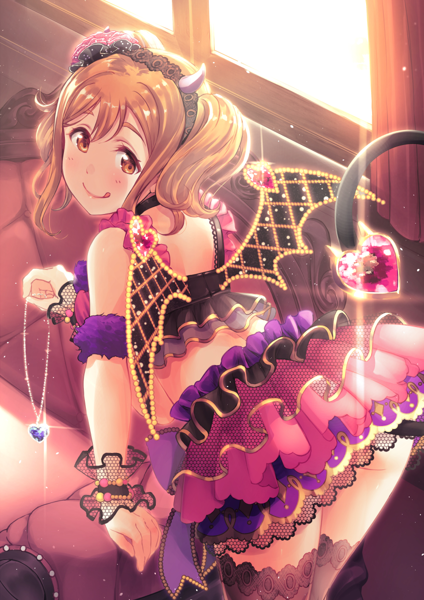 1girl :q bangs brown_eyes brown_hair chair commentary_request cowengium crop_top curtains demon_horns demon_tail demon_wings flower frilled_skirt frills gem hair_flower hair_ornament heart highres holding_necklace horns kunikida_hanamaru lace_hairband looking_at_viewer looking_back love_live! love_live!_school_idol_festival love_live!_sunshine!! miniskirt pink_flower sidelocks skirt solo tail thigh-highs tongue tongue_out twintails window wings wristband