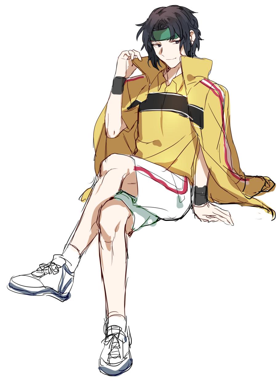 1boy black_hair blue_eyes blue_hair closed_mouth crossed_legs eyebrows_visible_through_hair hand_up headband highres invisible_chair jacket jacket_on_shoulders nikame shirt shoes shorts sitting sketch smile sneakers socks solo sportswear tennis_no_ouji-sama tennis_uniform uniform white_background white_footwear white_legwear wristband yellow_shirt yukimura_seiichi