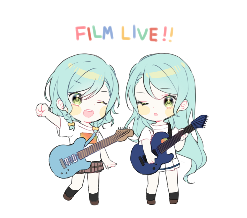 2girls 417_(ionxx417) ;d ;o aqua_hair bang_dream! black_legwear blush_stickers chibi electric_guitar english_text full_body green_eyes guitar hikawa_hina hikawa_sayo instrument long_hair multiple_girls one_eye_closed open_mouth pleated_skirt raised_fist shirt short_hair short_sleeves siblings side_braids simple_background sisters skirt smile socks standing t-shirt twins white_background