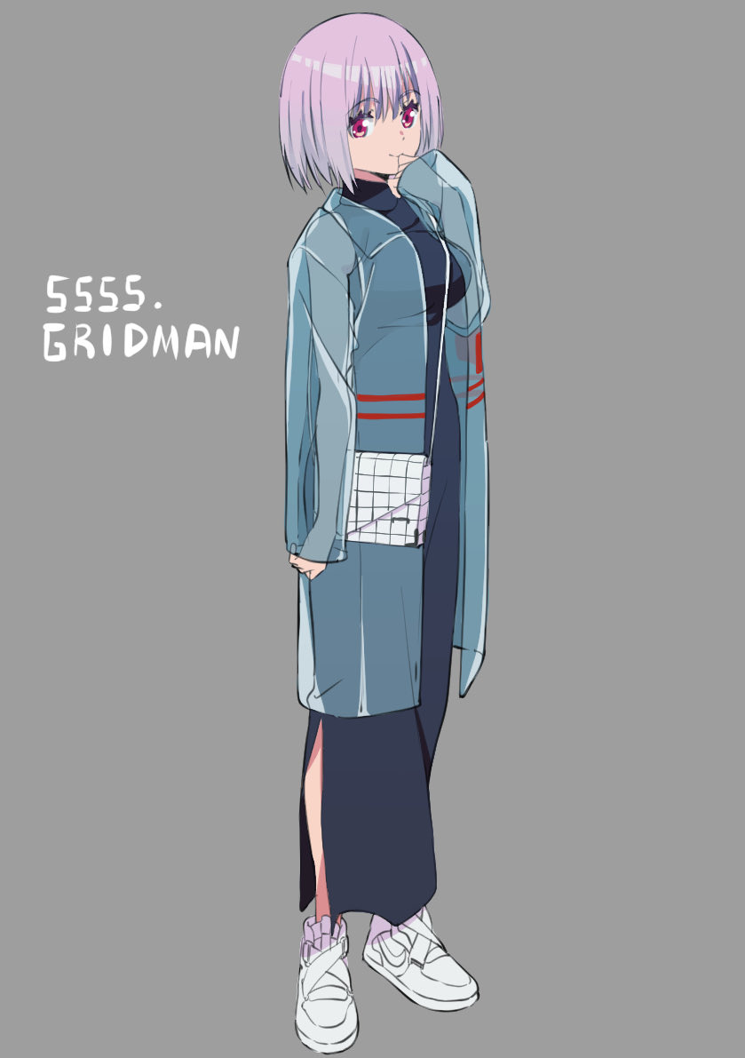 1girl alternate_costume blue_dress blue_raincoat breasts copyright_name dress eyebrows_visible_through_hair full_body grey_background kengo large_breasts lavender_hair looking_at_viewer red_eyes see-through shinjou_akane shoes short_hair simple_background smile sneakers solo ssss.gridman white_footwear