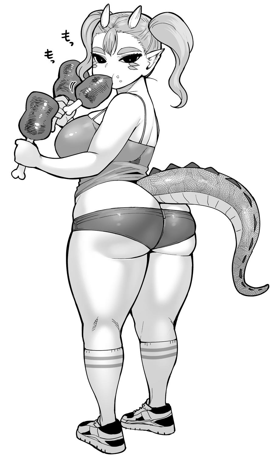 1girl ass bare_shoulders boned_meat breasts food highres horns large_breasts lizard_tail looking_at_viewer looking_back meat monochrome pointy_ears shoes short_shorts shorts simple_background sneakers socks solo synecdoche tail thick_eyebrows thick_thighs thighs twintails white_background