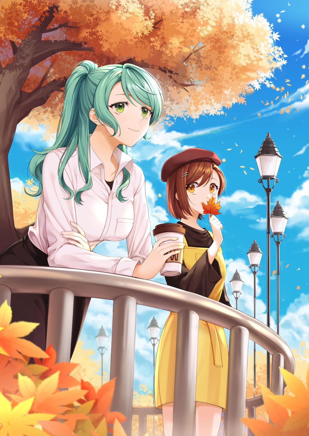 2girls aqua_hair autumn autumn_leaves bang_dream! beret black_shirt black_skirt breasts brown_eyes brown_hair brown_headwear coffee_cup collared_shirt cup day disposable_cup dress green_eyes hair_ornament hairclip half_updo hat hazawa_tsugumi highres hikawa_sayo holding holding_cup holding_leaf lamppost leaf leaning_on_rail long_hair long_sleeves looking_at_another medium_breasts minori_(faddy) multiple_girls outdoors pinafore_dress railing shirt short_hair skirt smile tree white_shirt yellow_dress