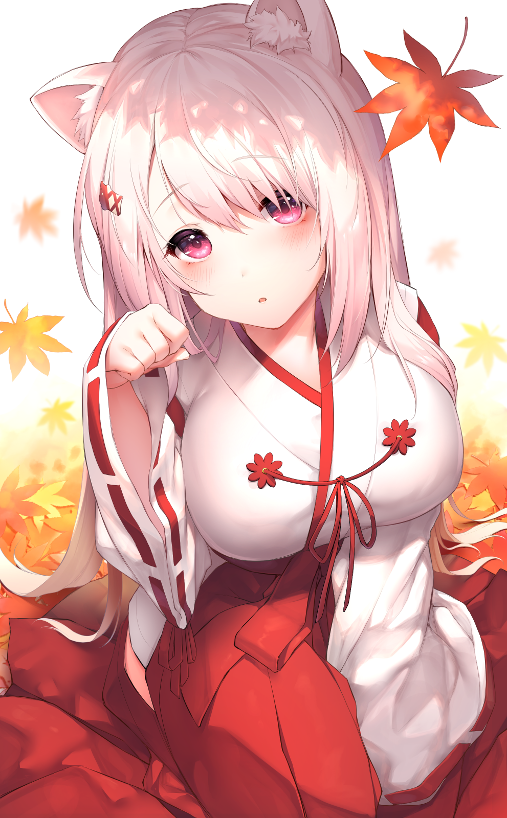 1girl :p autumn autumn_leaves bangs blurry blush breasts falling_leaves hair_between_eyes hair_ornament hairclip hakama head_tilt highres hip_vent japanese_clothes leaf long_hair long_sleeves looking_at_viewer maple_leaf miko nijisanji paw_pose pink_eyes red_hakama ribbon-trimmed_sleeves ribbon_trim shiina_yuika sitting sleeves_past_fingers sleeves_past_wrists solo tongue tongue_out up_sleeve very_long_hair virtual_youtuber white_background white_hair wide_sleeves yuwari_ume