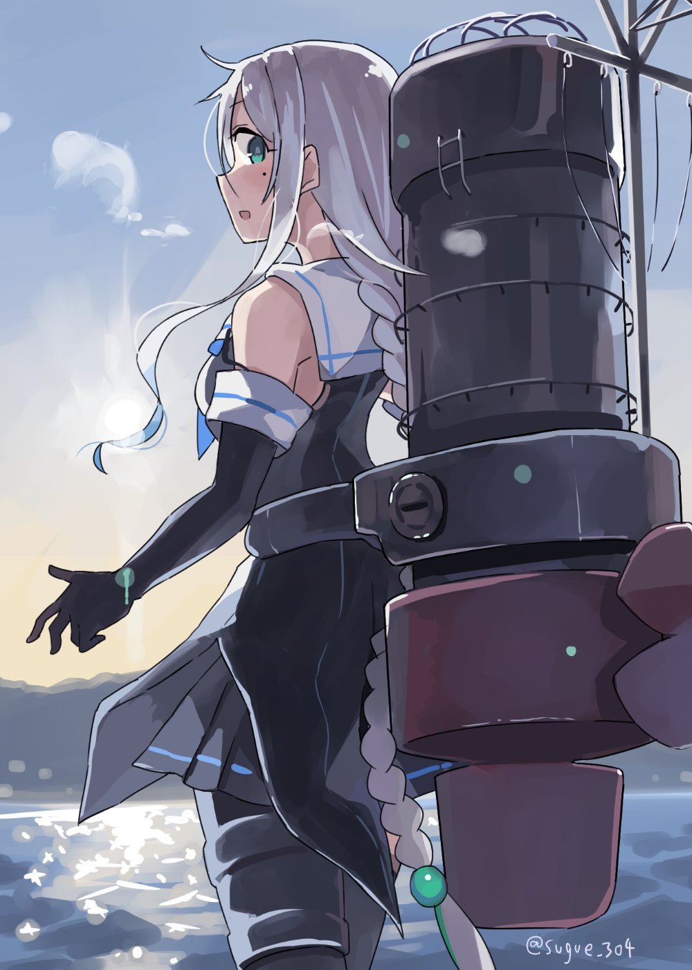 1girl :d bangs black_gloves black_legwear black_skirt blue_eyes braid collared_shirt elbow_gloves from_behind gloves hair_tie highres kantai_collection long_hair looking_at_viewer machinery mole mole_under_eye open_mouth pantyhose parted_bangs pleated_skirt remodel_(kantai_collection) sailor_collar shirt silver_hair skirt sleeveless sleeveless_shirt smile solo sugue_tettou twitter_username umikaze_(kantai_collection) very_long_hair