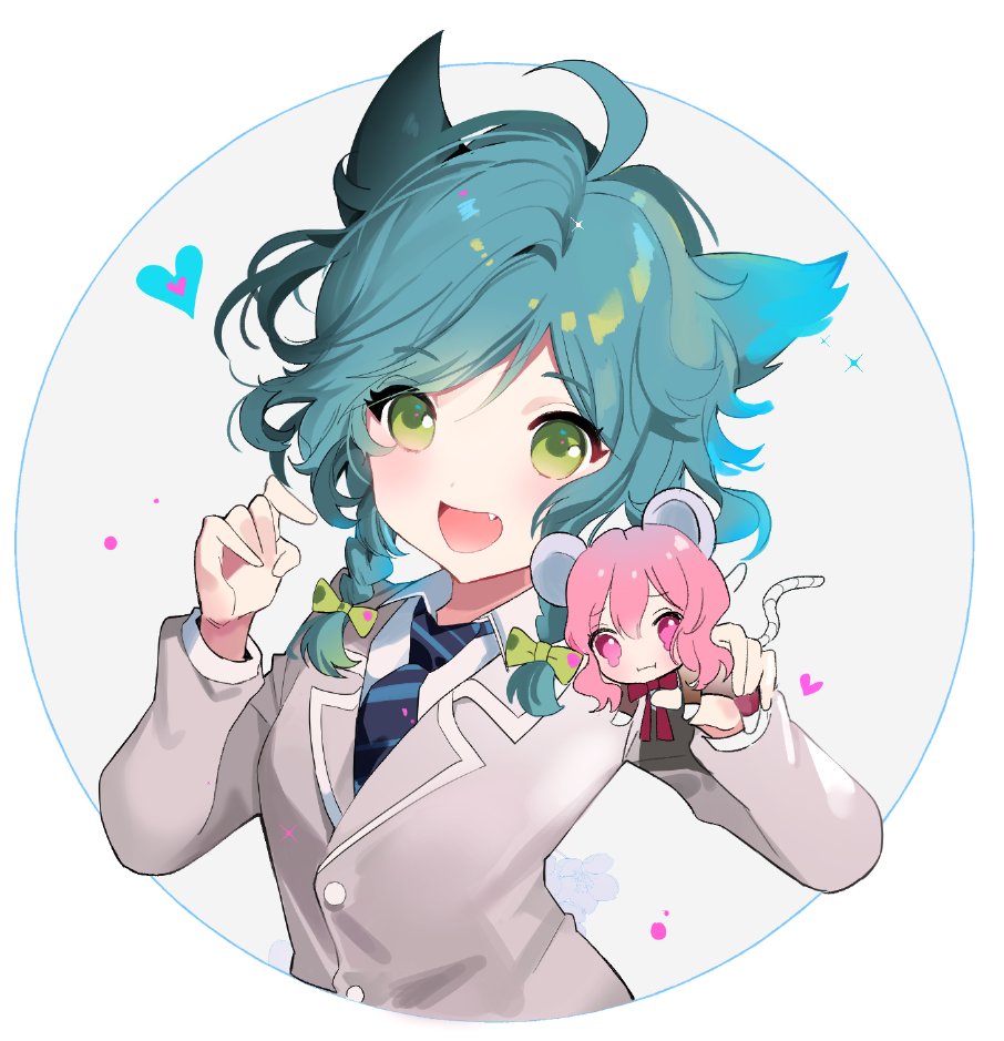 2girls :d :i ahoge animal_ears aqua_hair bang_dream! blazer blue_neckwear bow cat_ears crying fang green_bow green_eyes grey_jacket hair_bow hands_up haneoka_school_uniform heart hikawa_hina holding_person jacket kemonomimi_mode kongya maruyama_aya minigirl mouse_ears mouse_tail multiple_girls necktie open_mouth pink_eyes pink_hair school_uniform short_hair side_braids smile striped striped_neckwear tail upper_body