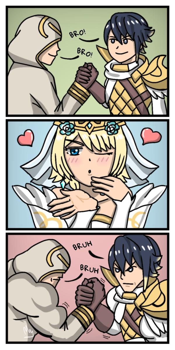 alfonse_(fire_emblem) armor bride bride_(fire_emblem) cape dress fire_emblem fire_emblem_heroes fjorm_(fire_emblem) hair_ornament highres hood kiran_(fire_emblem) kiss mnejing30 short_hair veil wedding_dress