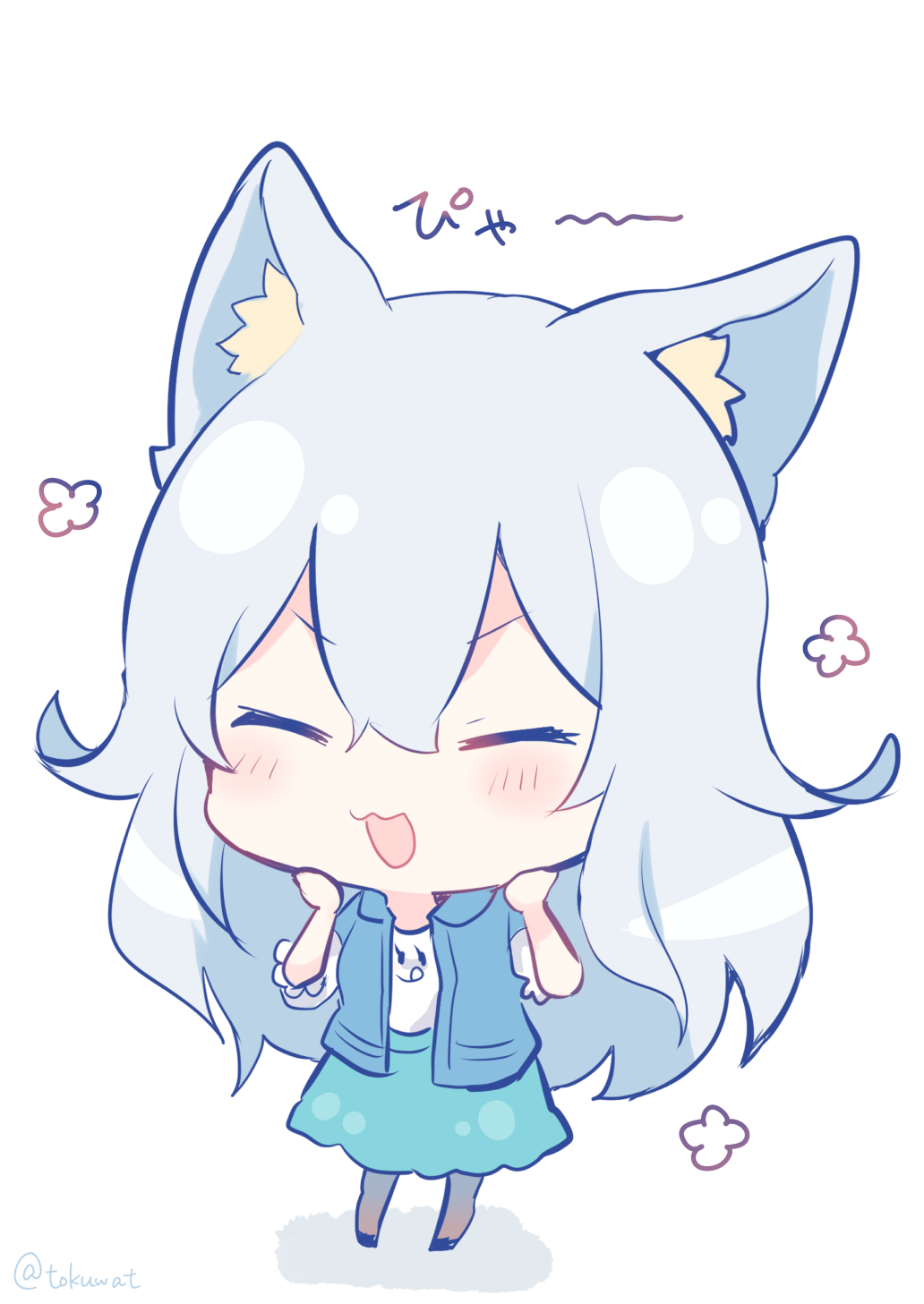 1girl :d animal_ear_fluff animal_ears bangs blue_jacket blue_skirt blush brown_legwear chibi closed_eyes eyebrows_visible_through_hair fukunoki_tokuwa full_body hair_between_eyes hands_on_own_face hands_up highres jacket kemonomimi_mode long_hair nijisanji open_clothes open_jacket open_mouth pantyhose shadow shirt silver_hair skirt smile solo standing translated v-shaped_eyebrows very_long_hair virtual_youtuber white_background white_shirt yukishiro_mahiro