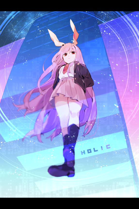 1girl akagashi_hagane animal_ears black_footwear black_jacket black_legwear blazer buttons crescent crescent_moon_pin from_below full_body hands_in_pockets jacket letterboxed long_hair long_sleeves looking_at_viewer looking_down miniskirt necktie pleated_skirt purple_hair rabbit_ears red_eyes red_neckwear reisen_udongein_inaba shirt shoes skirt socks solo standing touhou very_long_hair white_shirt