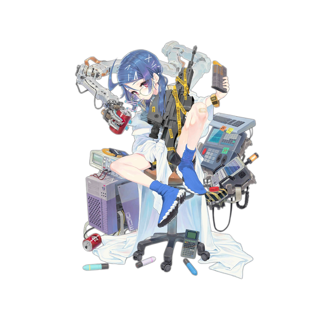 1girl alternate_costume ankle_boots assault_rifle bandaid bandaid_on_knee bangs black_shorts blue_footwear blue_hair blush boots breasts bulletproof_vest calculator chair coat computer_tower daewoo_k11 dr_pepper drinking explosive eyebrows_visible_through_hair eyes_visible_through_hair full_body girls_frontline glasses grenade gun hair_between_eyes hair_ornament holding_magazine_(weapon) k11_(girls_frontline) labcoat ladic long_hair looking_at_viewer low_twintails messy_hair multimeter official_art open_clothes open_coat rifle shirt shorts sidelocks sitting sleeves_past_fingers sleeves_past_wrists solo transparent_background twintails violet_eyes watch watch weapon white_coat x_hair_ornament younger
