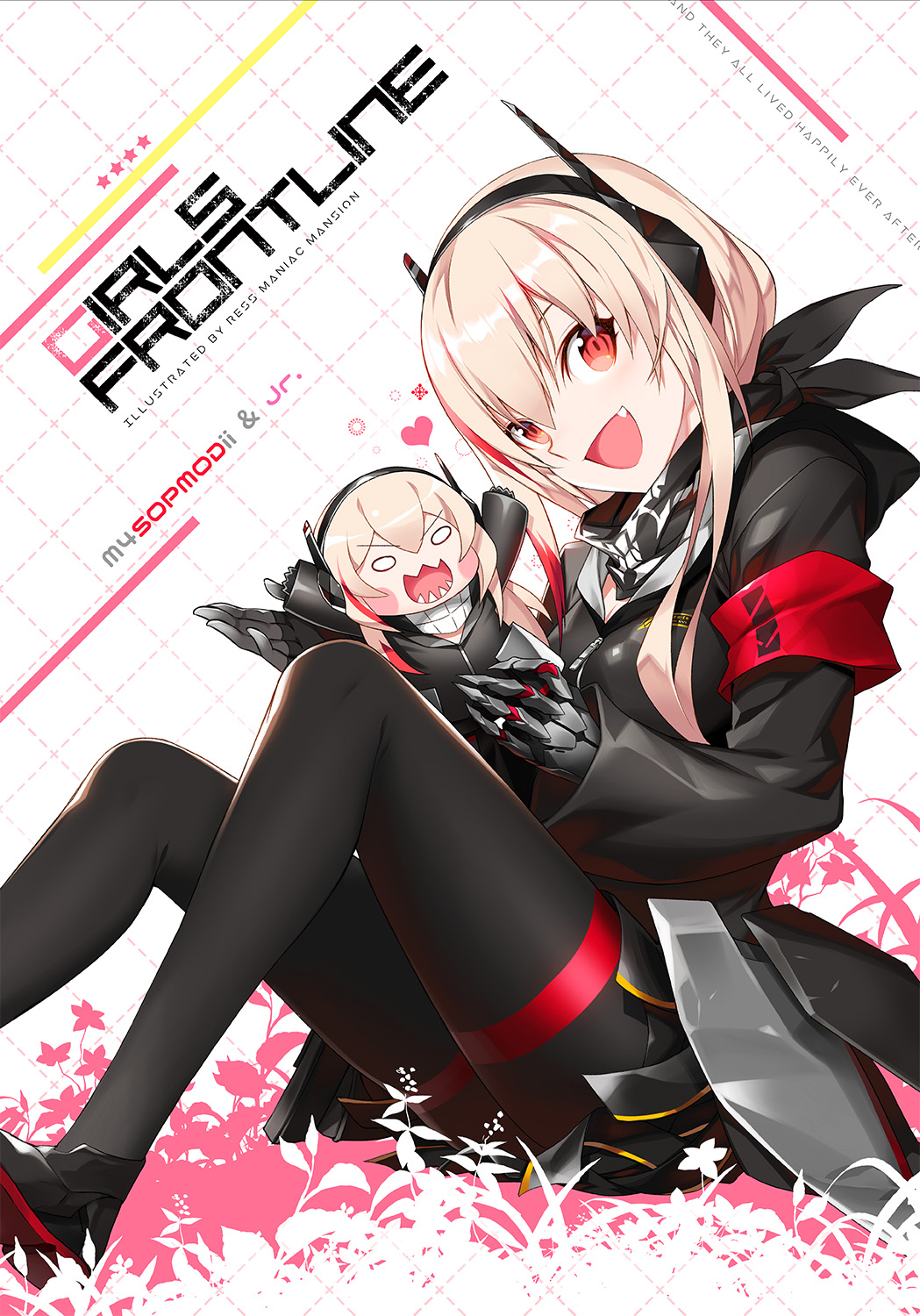 bangs black_legwear fangs girls_frontline headgear highres jacket long_hair long_sleeves m4_sopmod_ii_(girls_frontline) m4_sopmod_ii_jr mechanical_arm multicolored_hair open_mouth pink_hair red_eyes ress streaked_hair thigh-highs